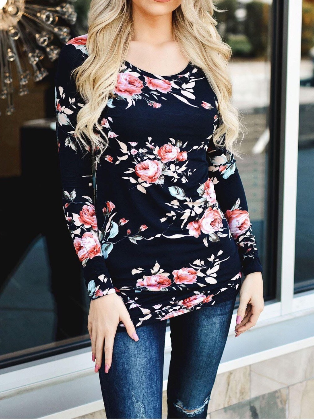 Floral Long-Sleeve Tunic Top